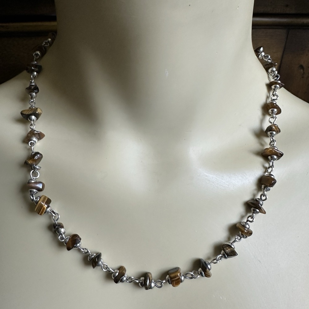 Vintage Bead Necklace 19 Inch‎ Brown Tigers Eye Quartz Silver Tone Beachy Boho